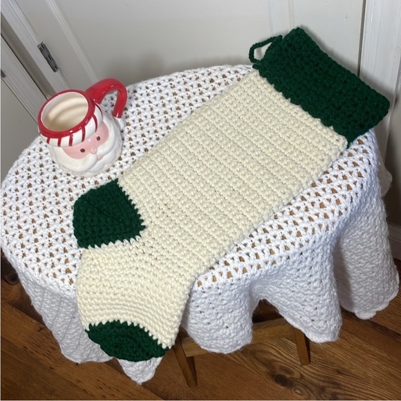Handmade Crochet Christmas Stocking Cream Green Chunky Knit 2 Skein Christmas - Picture 8 of 17